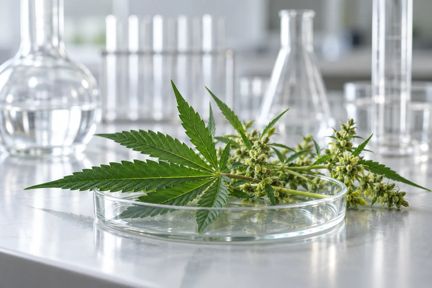 Hennepblad in een glazen schaaltje op een laboratoriumtafel