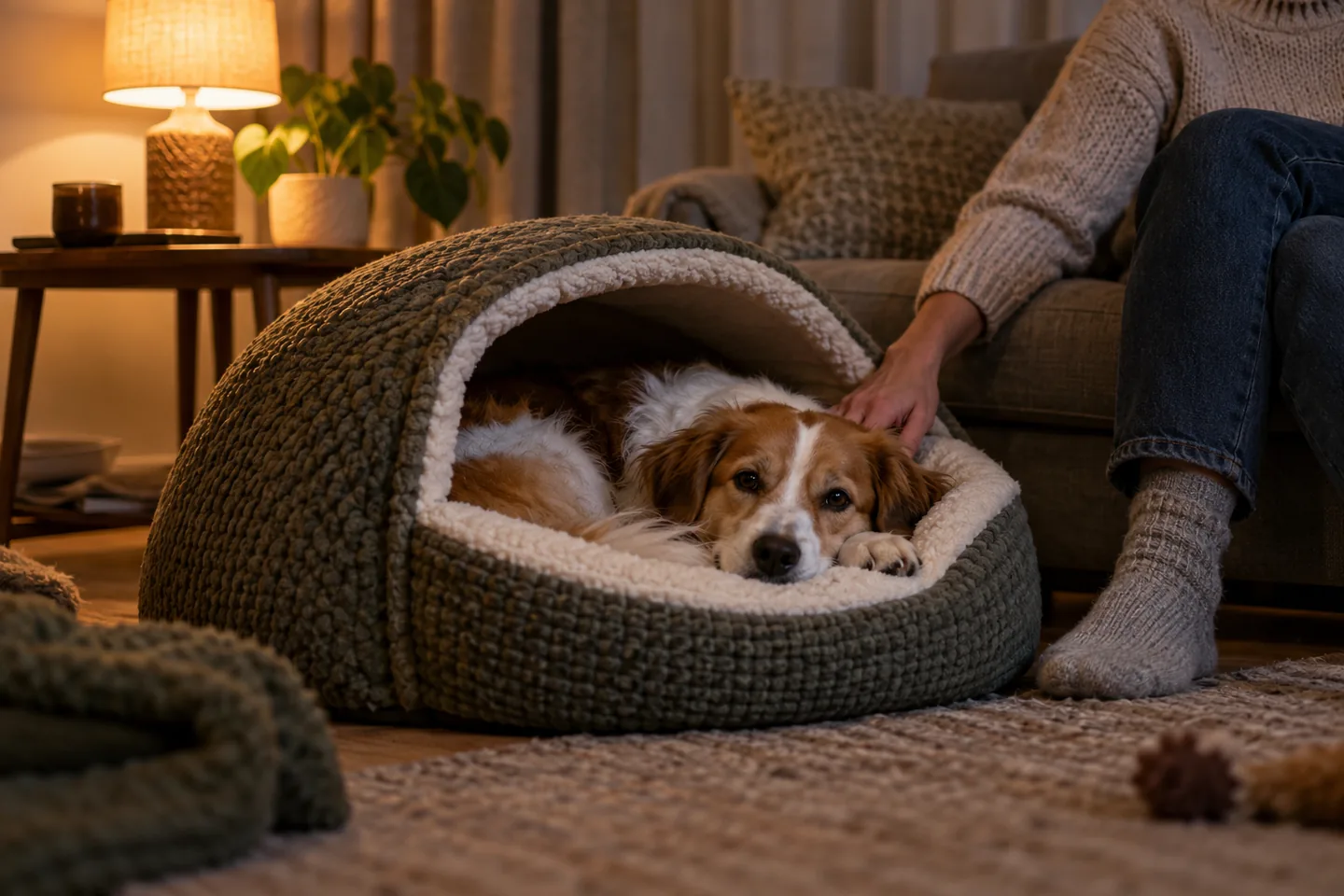 Hond rust in een beschutte mand terwijl de eigenaar dichtbij zit
