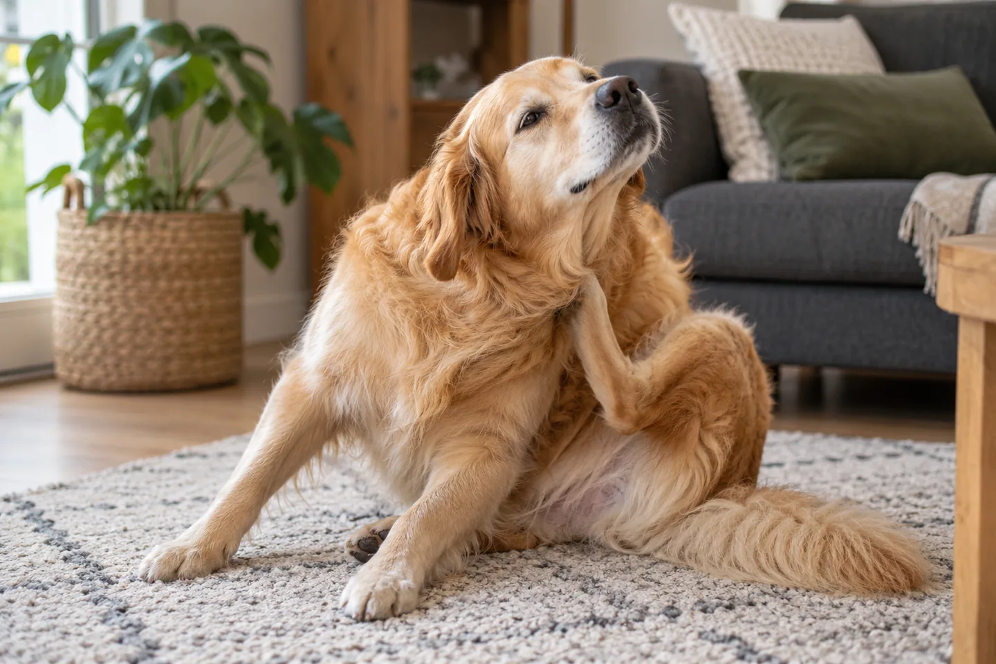 Golden retriever krabt aan zijn hals op een vloerkleed