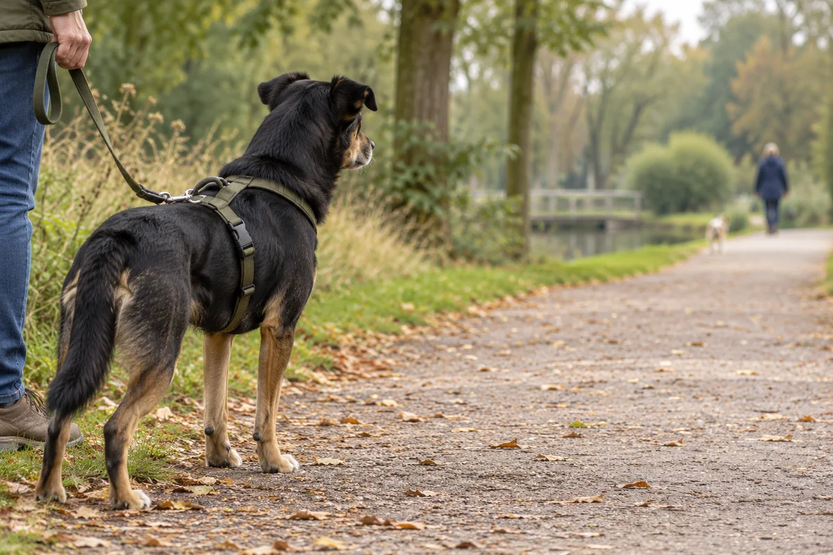Zwart-bruine hond aan een losse lijn kijkt op ruime afstand naar een andere hond in een park