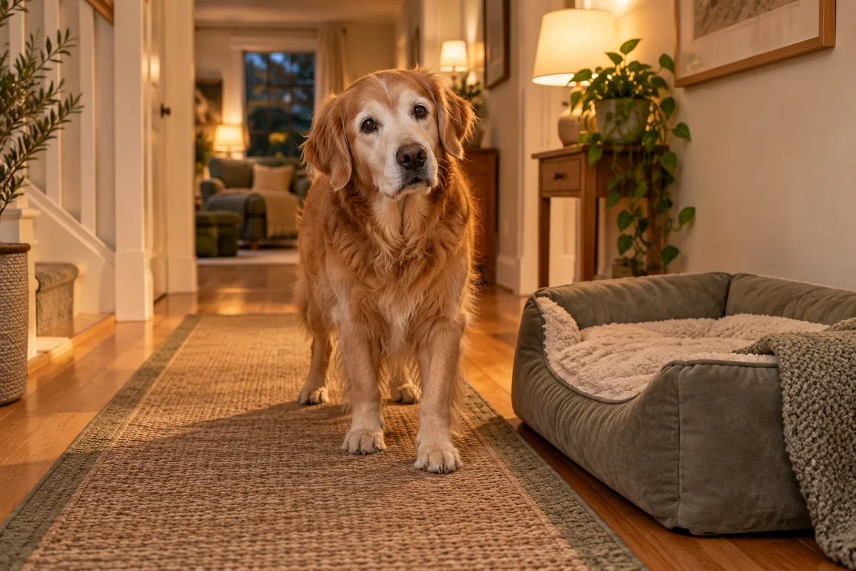 Oudere golden retriever met een grijze snuit staat bij een lage hondenmand in een rustig verlichte gang