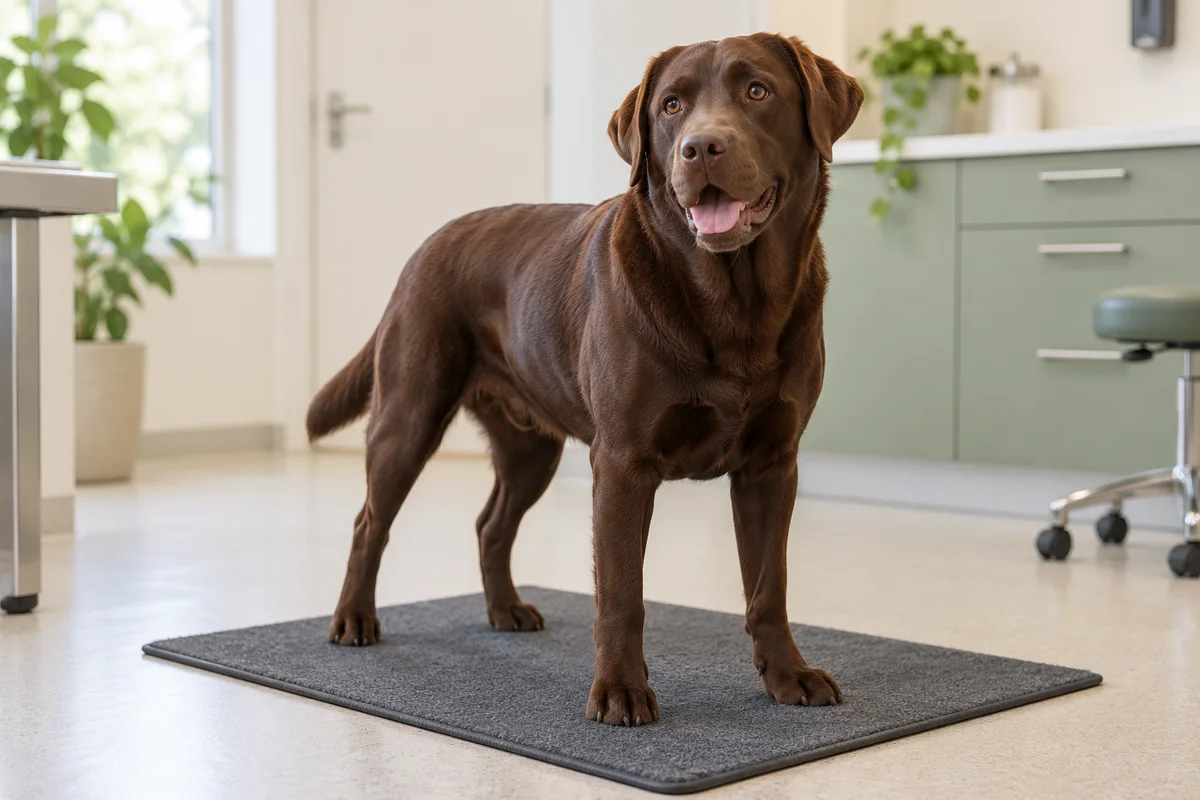 Chocoladebruine labrador staat vrijwillig op een lage antislipmat in een rustige onderzoekskamer