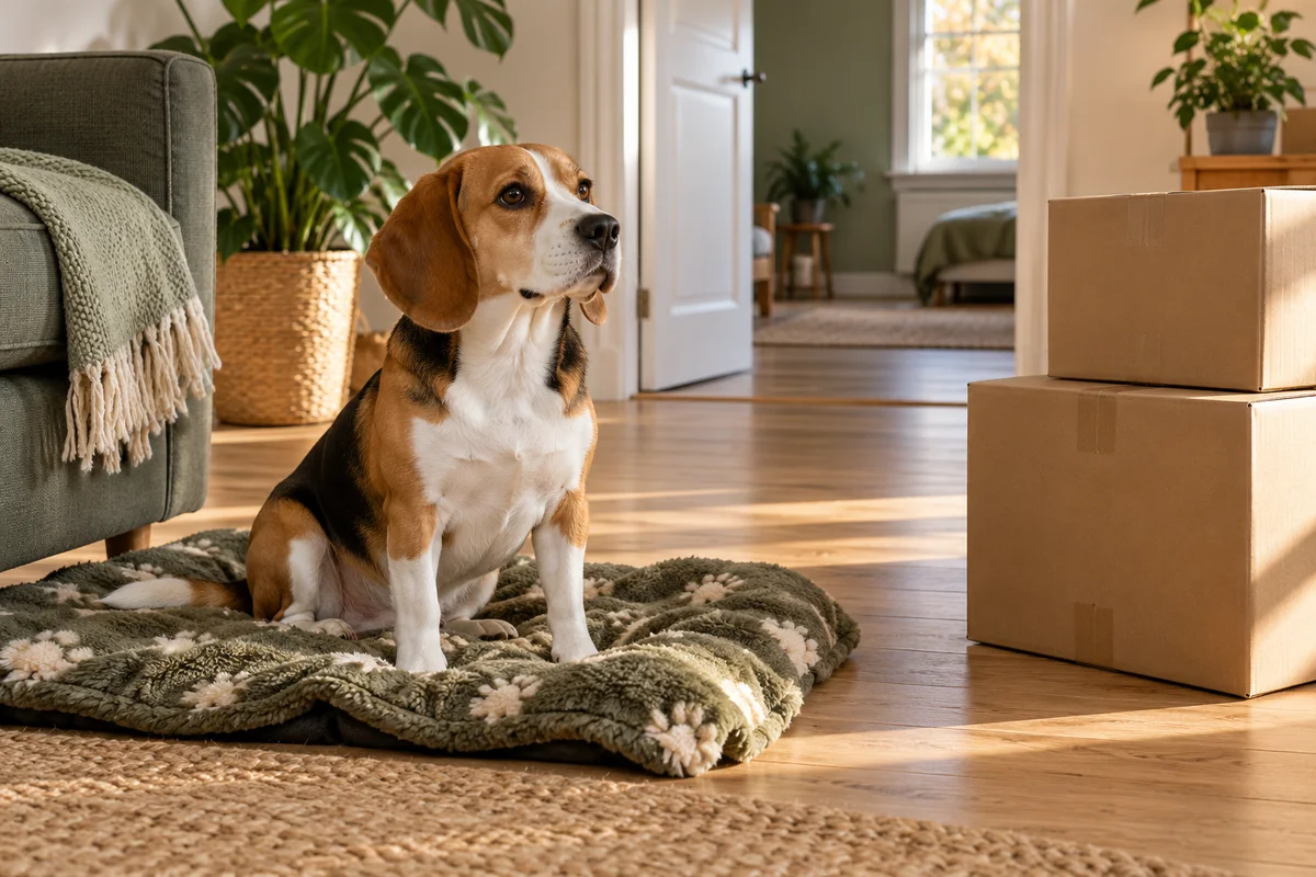 Driekleurige beagle zit op een vertrouwde deken naast twee verhuisdozen in een rustig nieuw huis