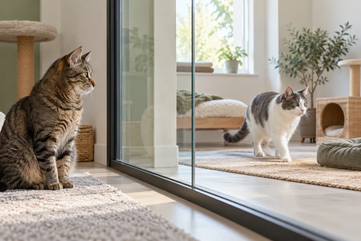 Twee katten verkennen ieder hun eigen kamer aan weerszijden van een veilige glazen scheidingswand