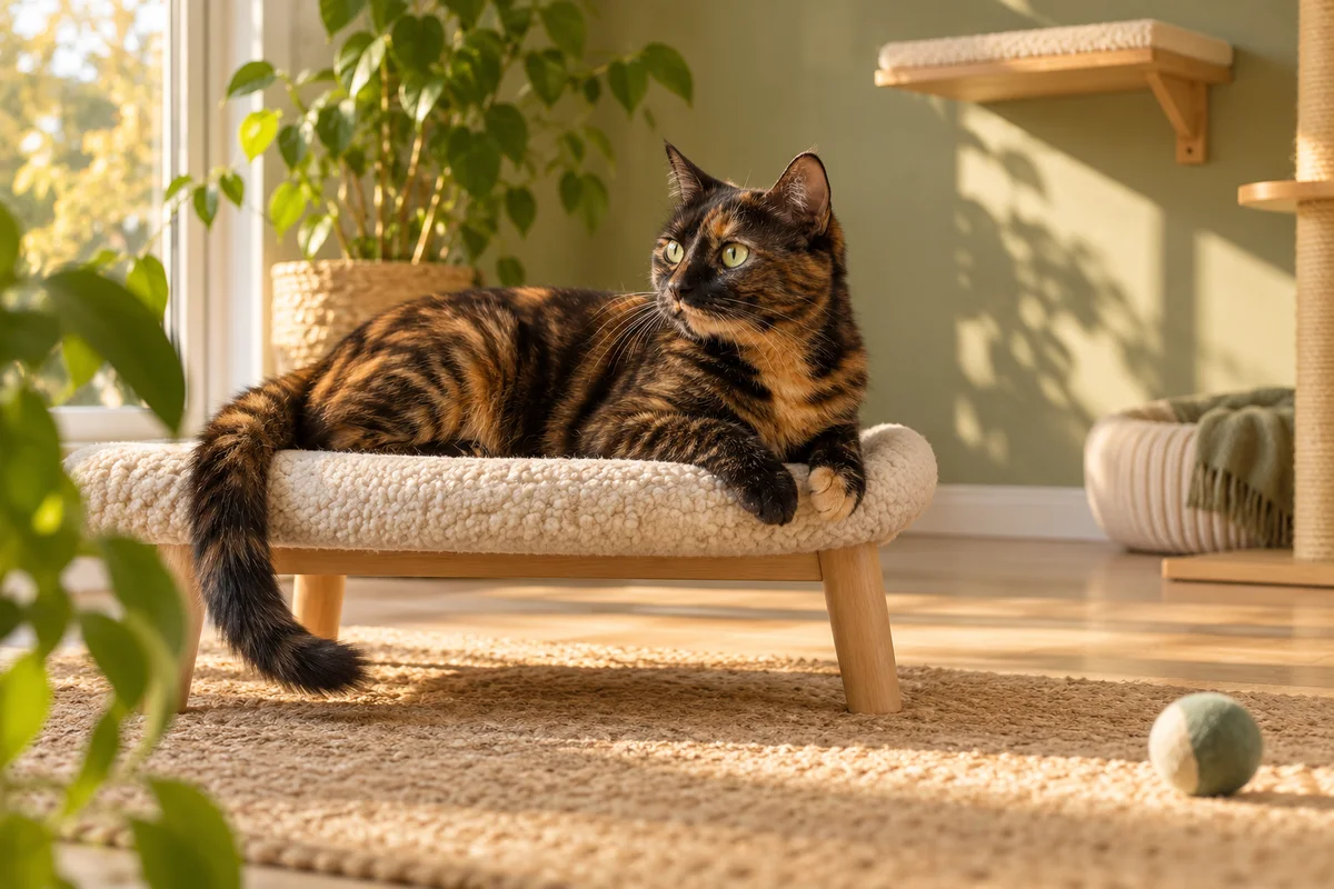 Schildpadkat pauzeert op een lage kattenligplek in een rustige lichte woonkamer na het spelen