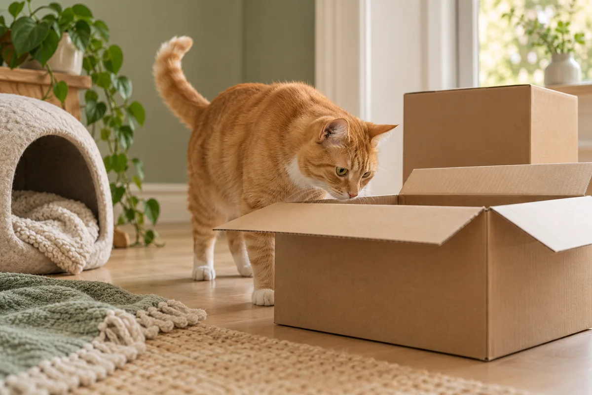 Rode kat verkent een open verhuisdoos met een vertrouwd dekentje in een rustig nieuw huis