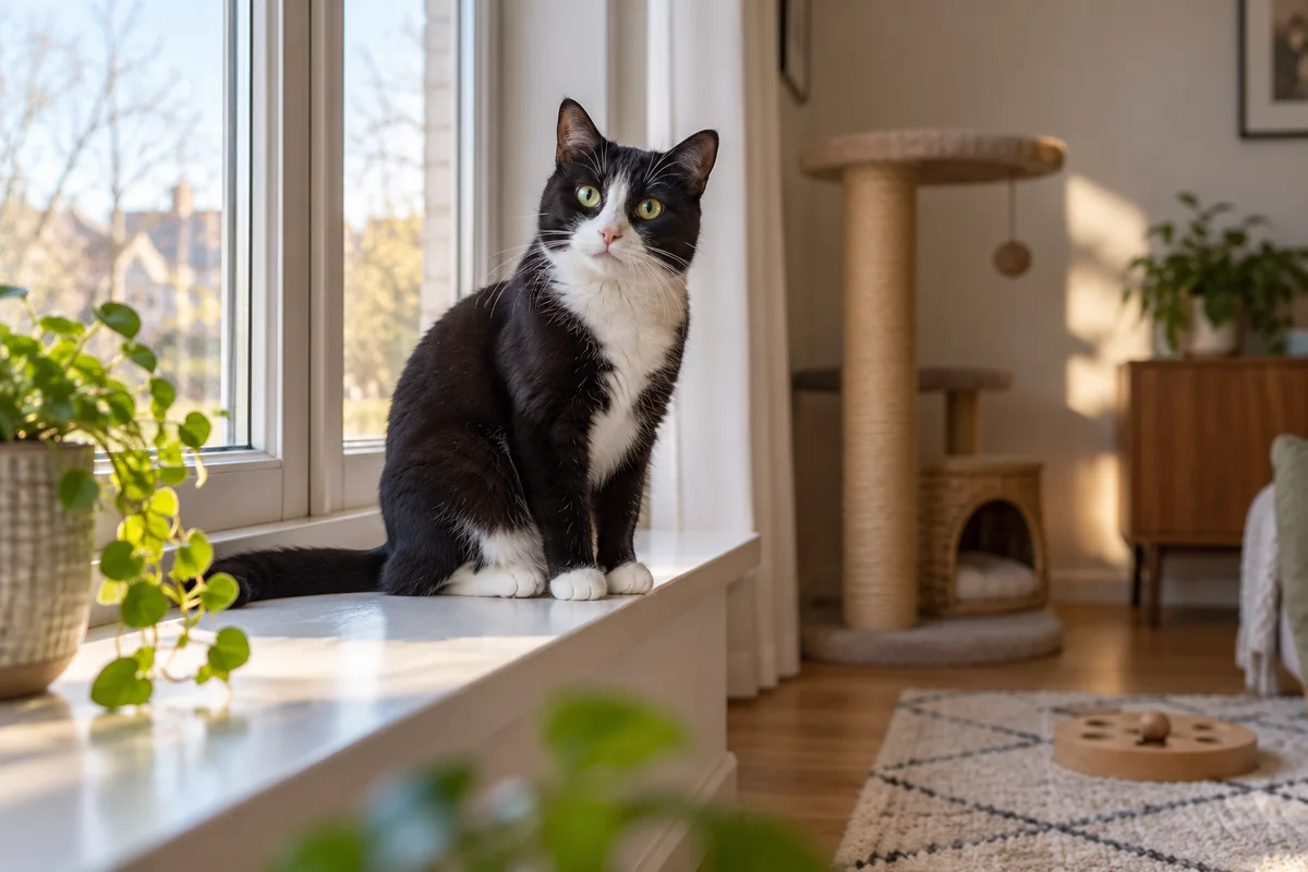 Zwart-witte kat op een brede vensterbank in een rustige woonkamer met een krabpaal
