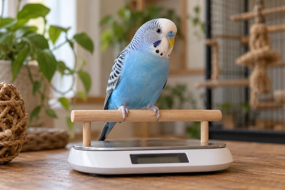 Blauwe grasparkiet op een lage weegstok bij een vogelweegschaal