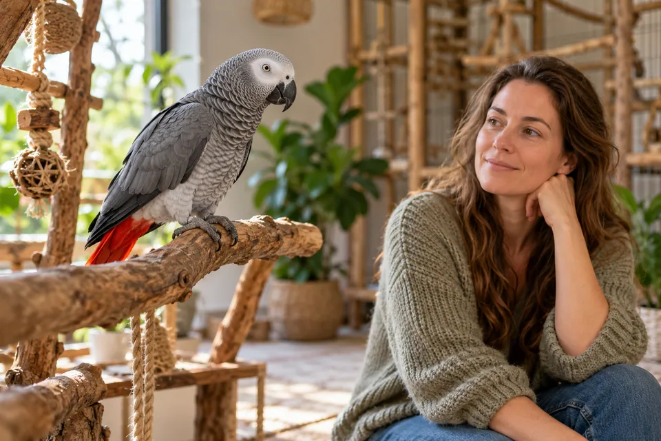 Grijze roodstaart op een natuurlijke tak met de eigenaar op afstand
