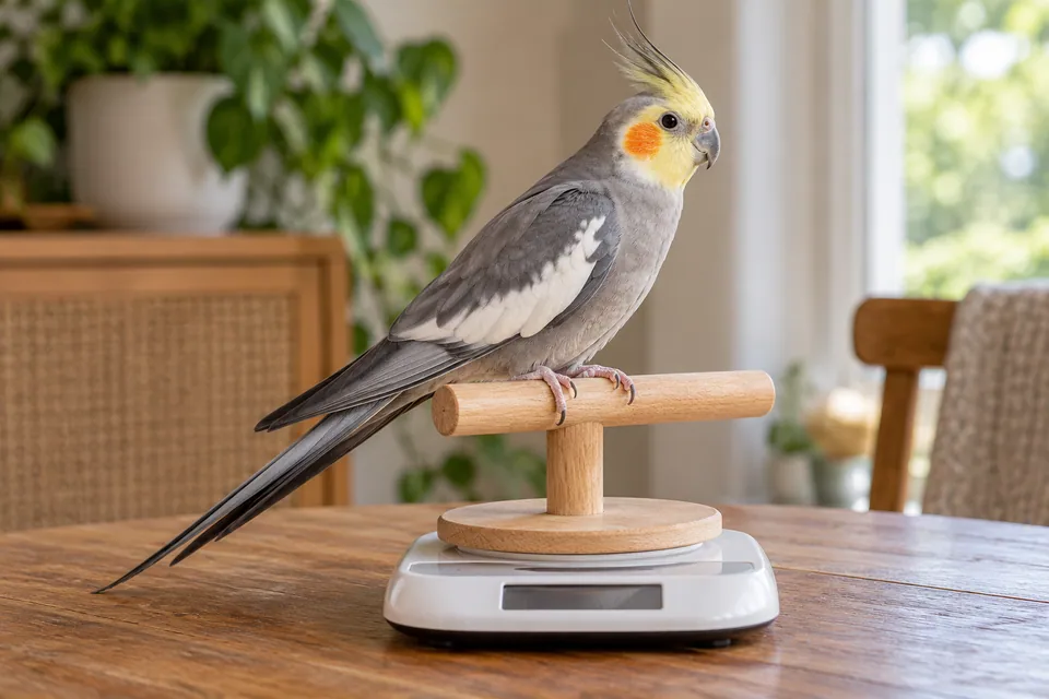 Valkparkiet op een lage stabiele weegstok bij een vogelweegschaal
