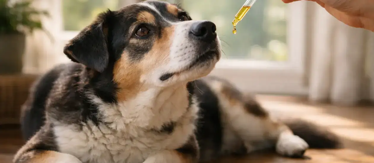 Hond die ontspannen ligt na gebruik van CBD olie